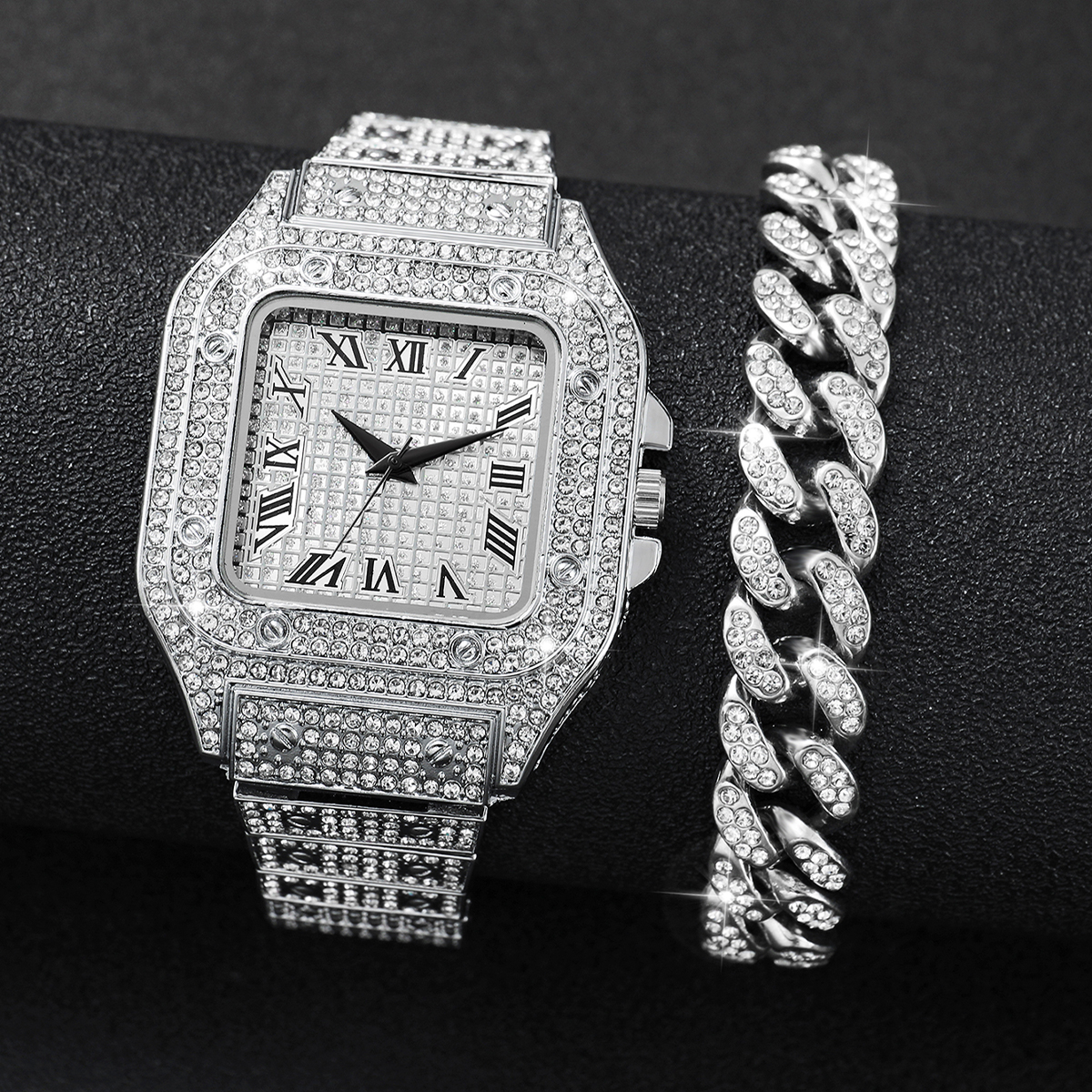 Jewelry Watches Men - 2PCS Iced Out Square Watch &