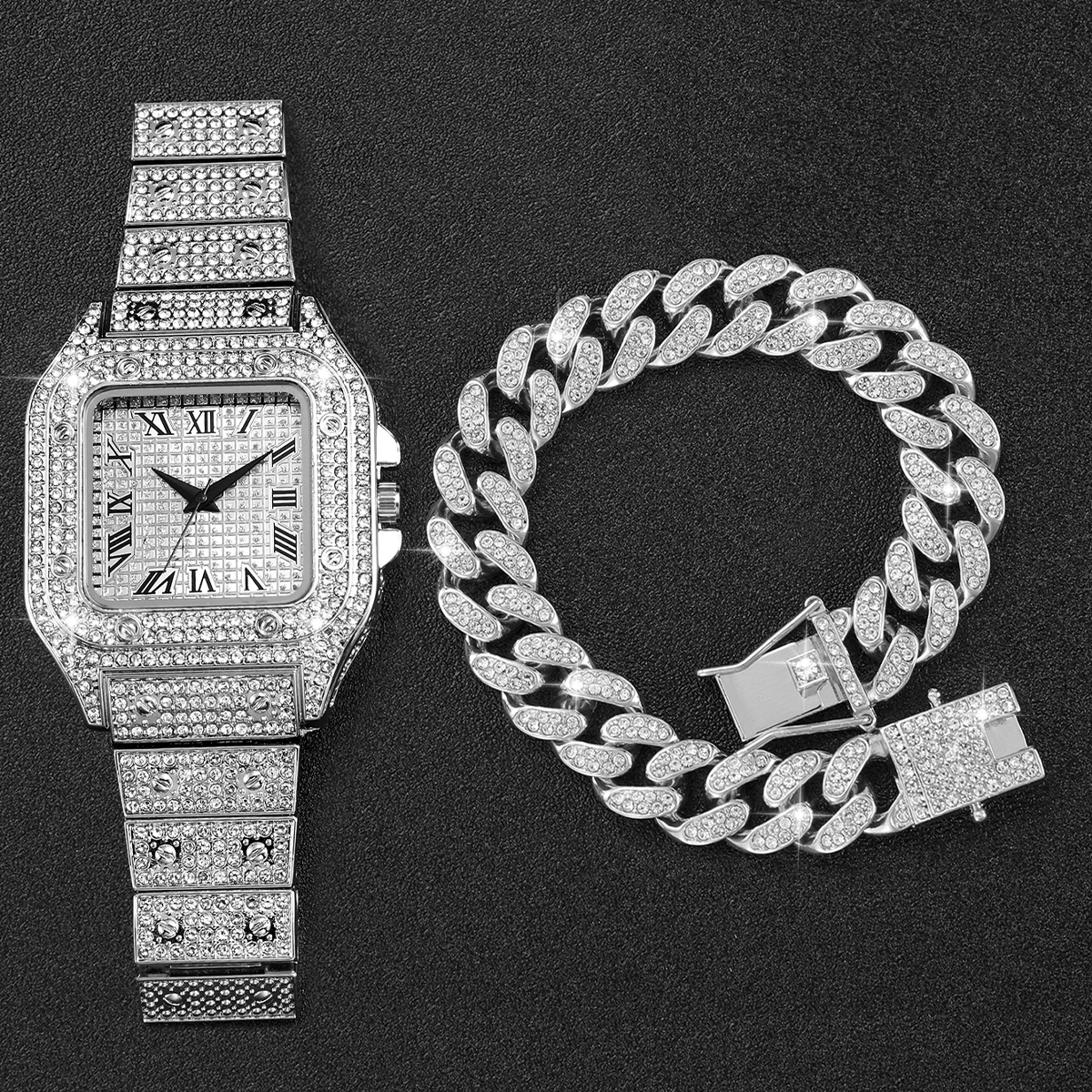 2PCS Iced Out Square Watch & C - Jewelry Watches Men recensione e prezzo